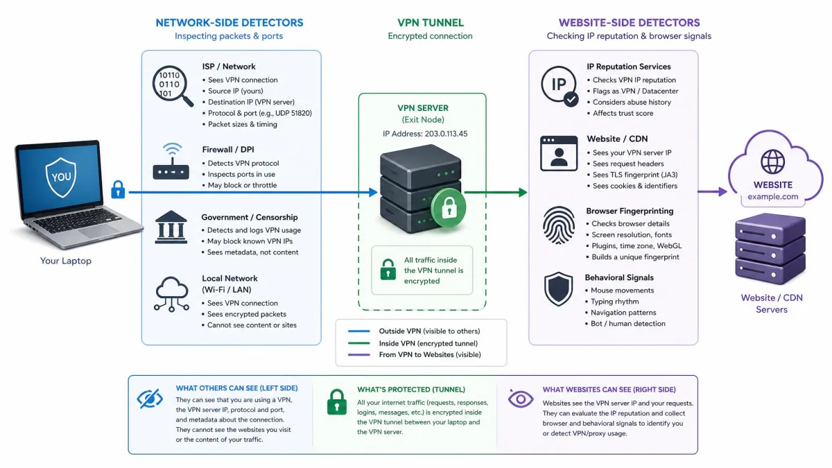 Diagram of a laptop's VPN connection with network-side detectors inspecting packets and ports on one side and websites checking IP reputation and browser signals on the other.