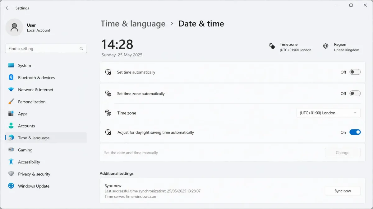 Windows Date and time settings with automatic timezone turned off and the timezone manually set to match a VPN server in London.