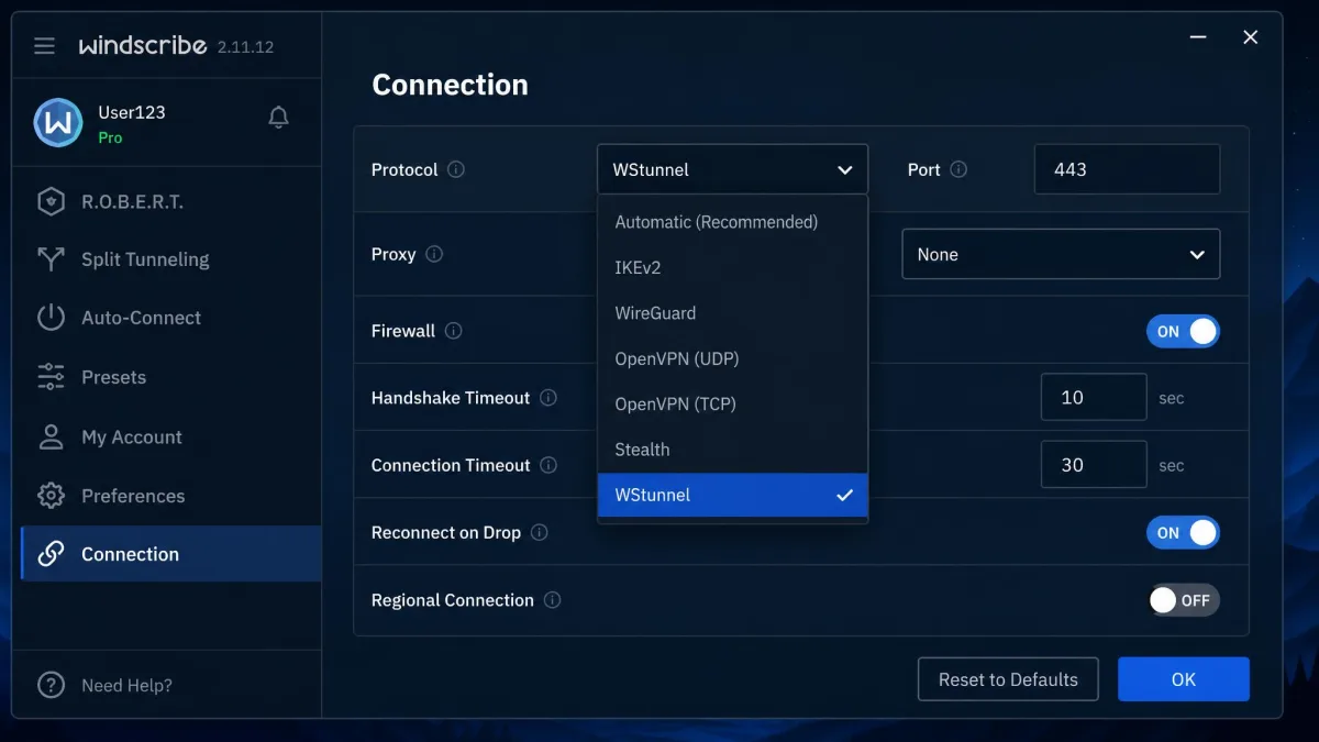 Windscribe desktop app connection settings with the protocol dropdown open, WStunnel selected and the port field showing 443.