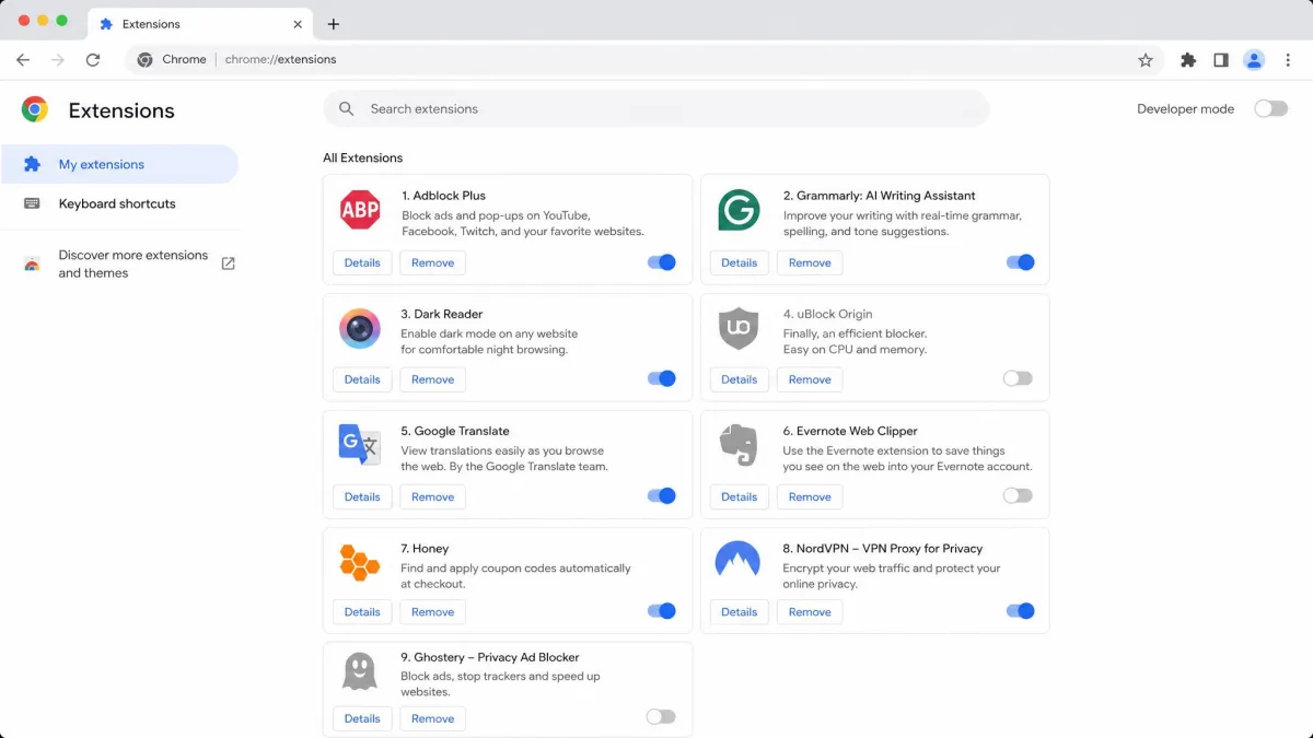 A browser extensions management page listing nine installed extensions with toggle switches, three of them greyed out after being turned off.