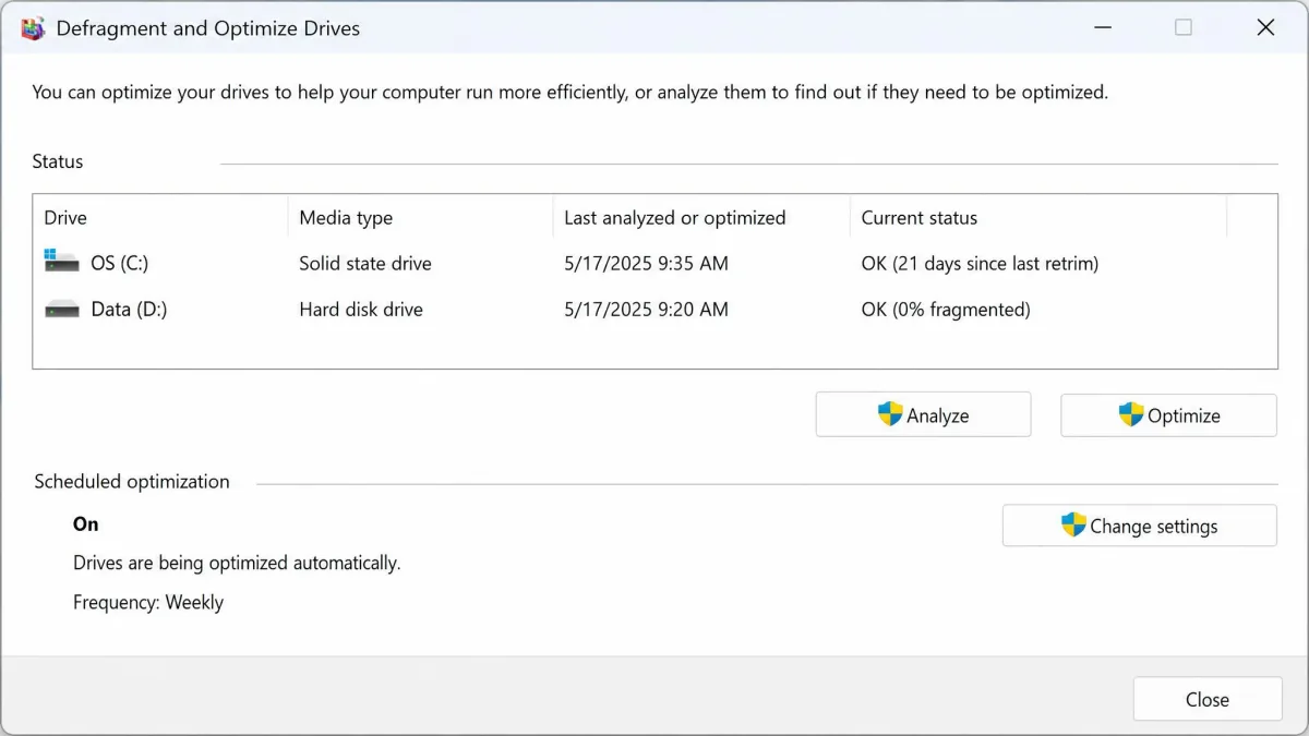 The Defragment and Optimize Drives window listing two drives, one shown as Hard disk drive and one as Solid state drive, with the weekly schedule enabled below.