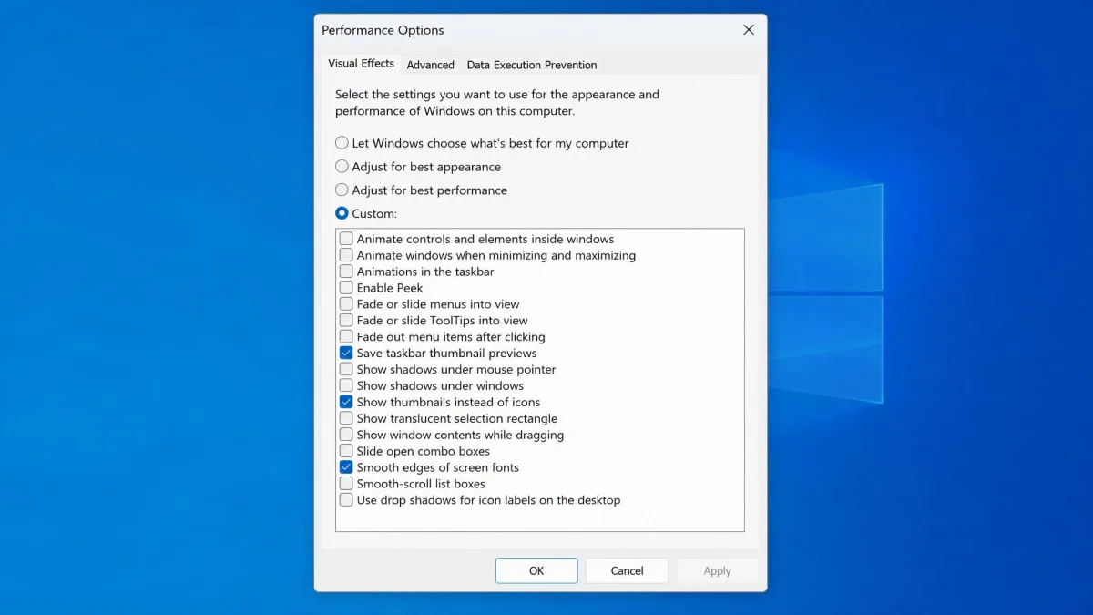The Performance Options dialog in Windows on the Visual Effects tab, with Custom selected and only the smooth font edges and thumbnail checkboxes still ticked.