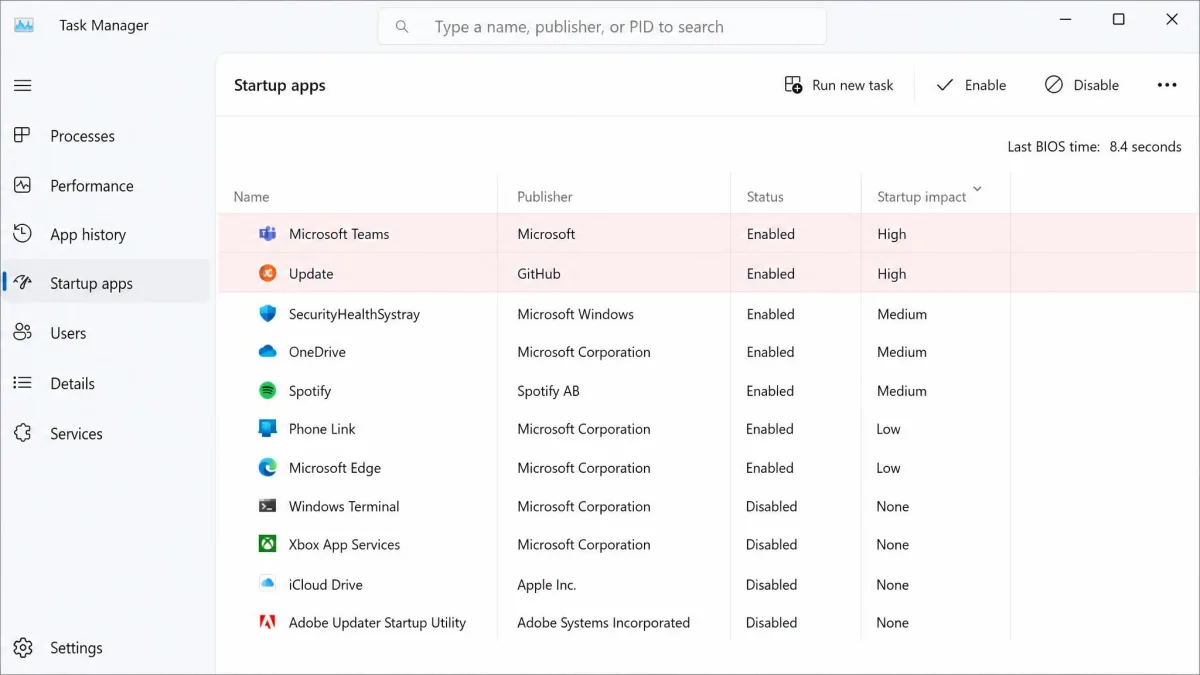 The Startup apps tab in Windows Task Manager showing eleven entries with the Startup impact column visible, two marked High impact and highlighted for disabling.