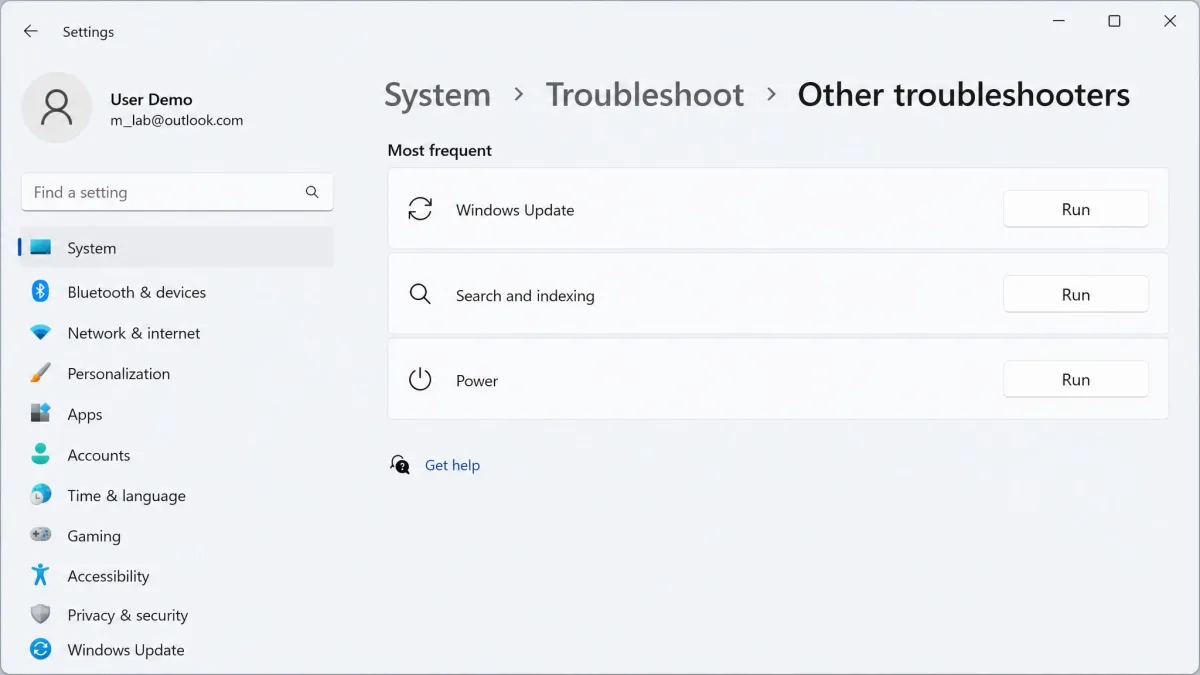 The Other troubleshooters page in Windows 11 settings listing the Windows Update, Search and indexing and Power entries each with a Run button.