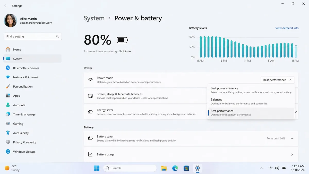 The Power and battery settings page in Windows 11 with the Power mode dropdown open and Best performance highlighted.