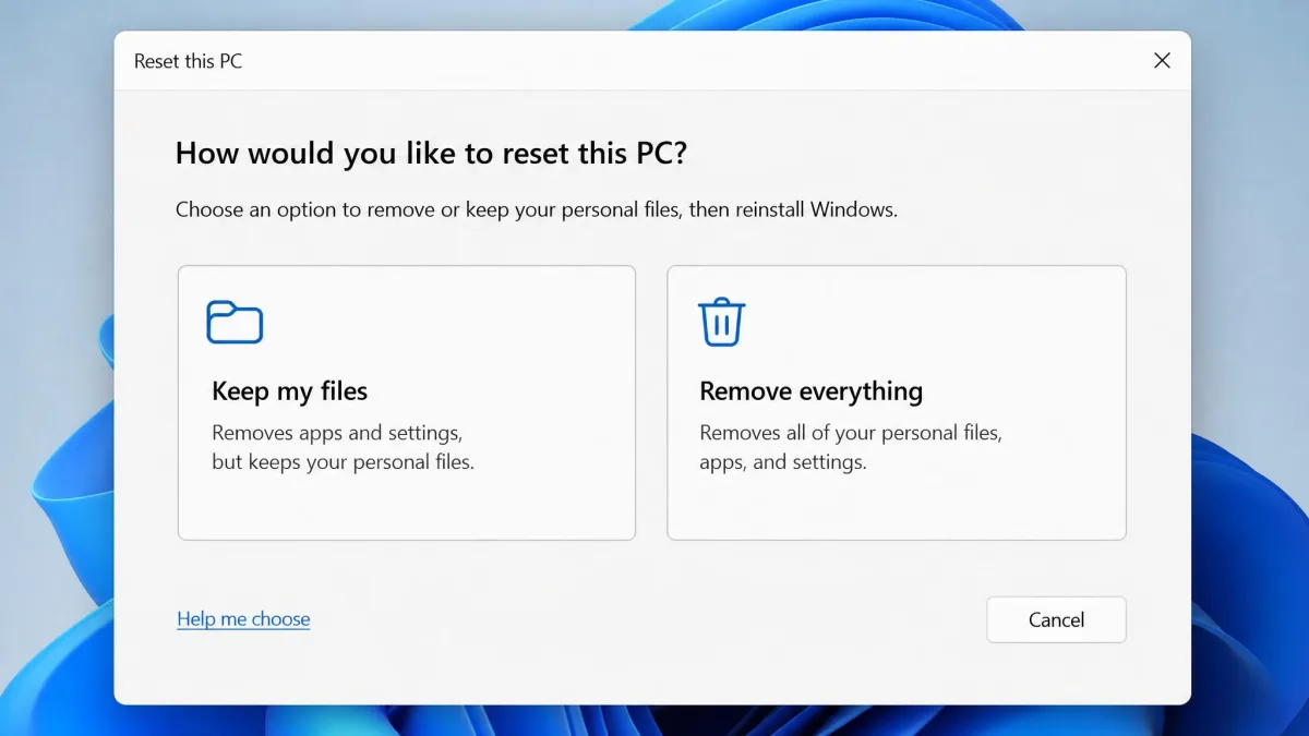 The Reset this PC dialog in Windows 11 offering the Keep my files and Remove everything options side by side.