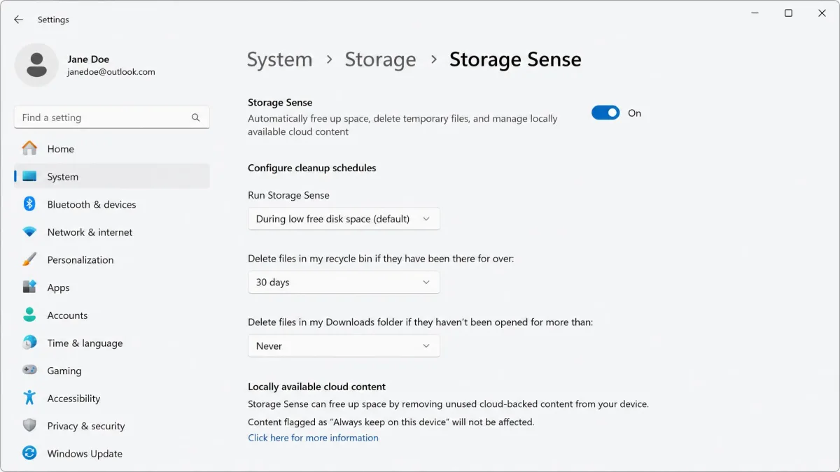 The Storage Sense settings page in Windows 11 with the main toggle on, the Recycle Bin retention set to 30 days, and the Downloads cleanup dropdown set to Never.