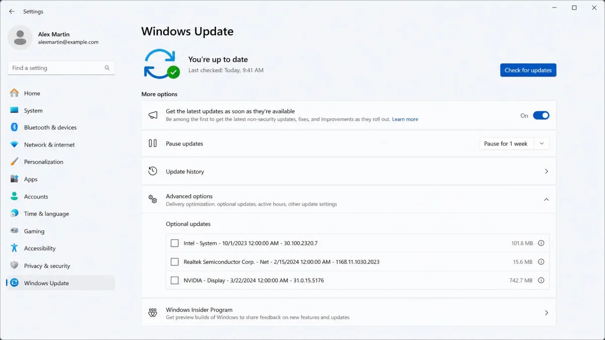 The Windows Update screen with Advanced options expanded and three optional driver updates listed, each with a checkbox beside it.