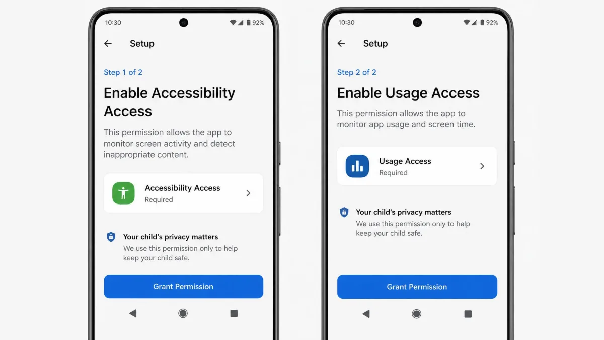An Android phone during monitoring app setup, showing the accessibility and usage access permission screens a parent has to approve one at a time.