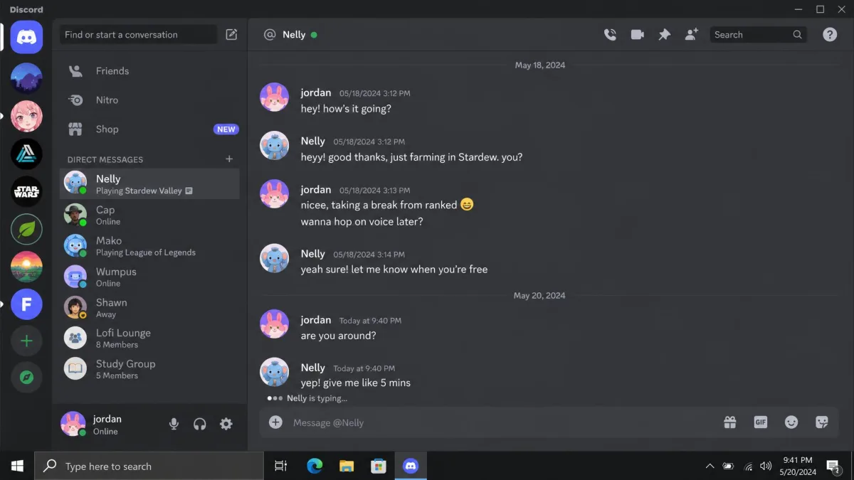 The Discord desktop app open on Windows, showing the server icon rail on the far left, a text channel list in the middle, and an active direct message conversation on the right.