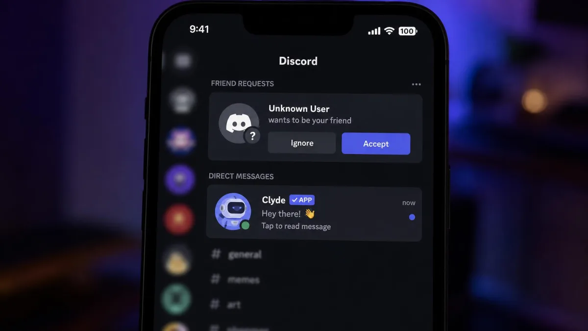 A phone screen showing an incoming Discord friend request from an unknown username alongside a new direct message notification, with the server list blurred behind it.