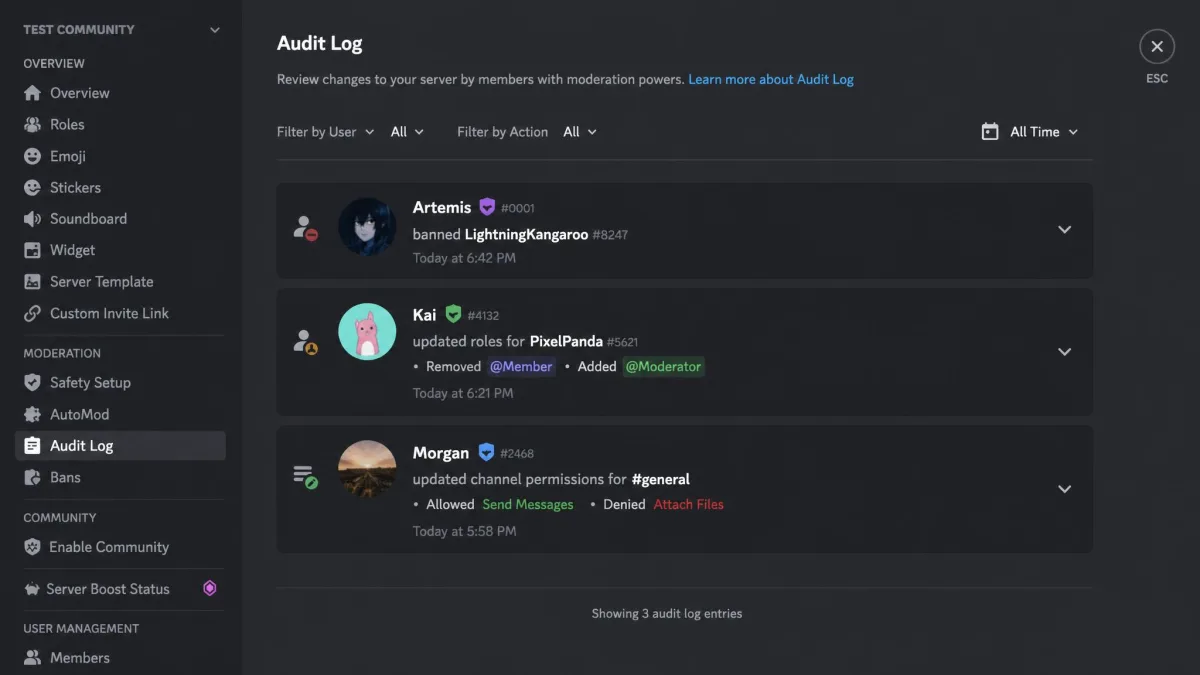 Discord's Server Settings audit log screen showing a chronological list of moderator actions including a ban, a role change and a channel permission edit, each with a timestamp and username.