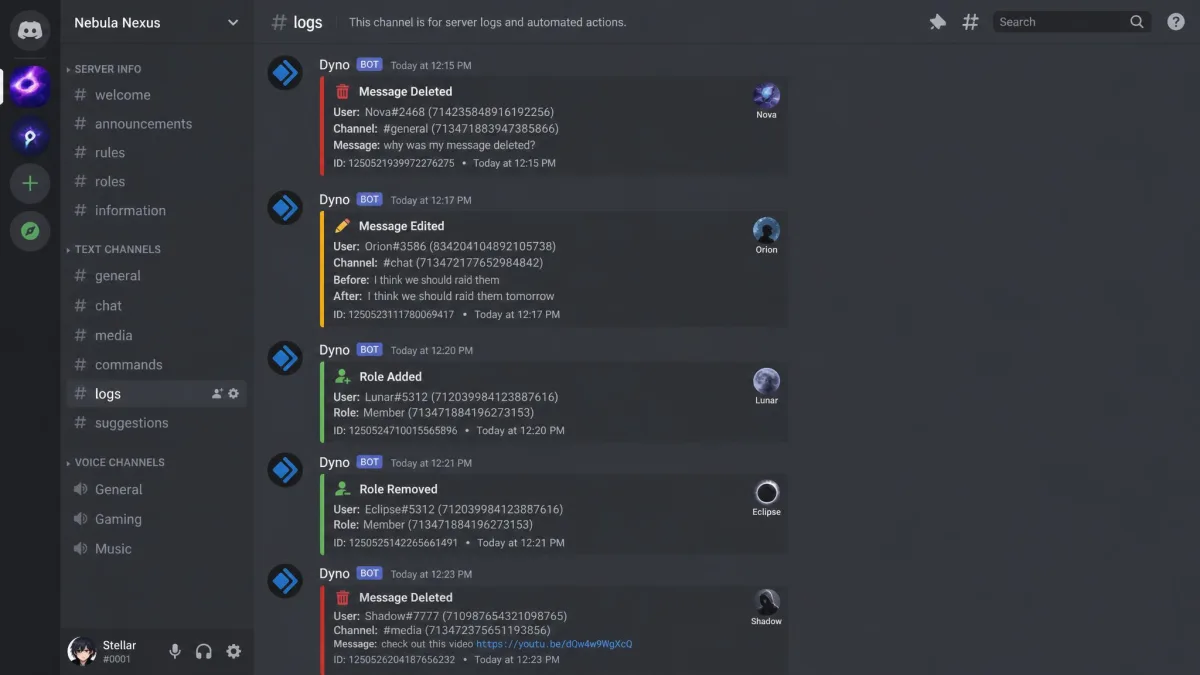 A Discord log channel filled with automated Dyno action log entries recording deleted messages, edited messages and role changes, each stamped with a username and time.