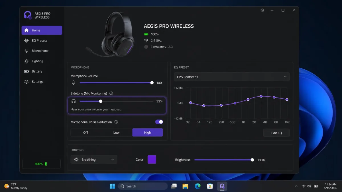 A gaming headset companion app on a Windows desktop, with the sidetone or mic monitoring slider highlighted about a third of the way along its range.