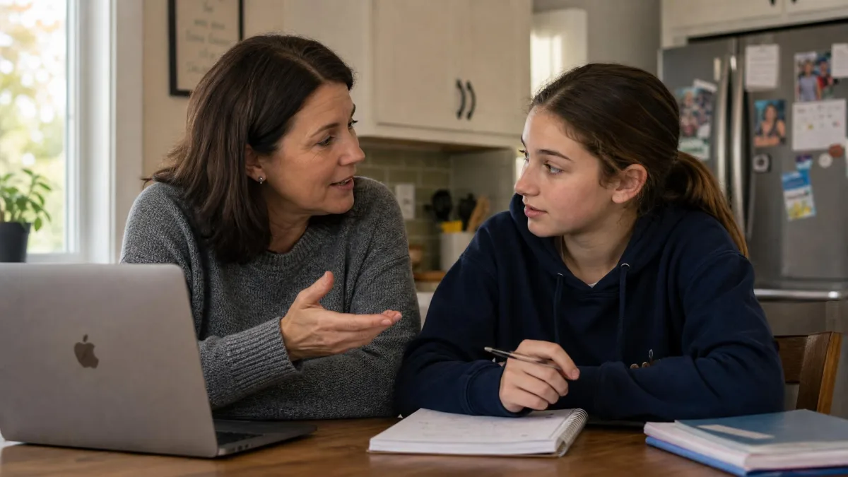 A parent and a teenager sitting together at a kitchen table looking at Discord's Privacy and Safety settings on a phone, with a laptop open beside them.