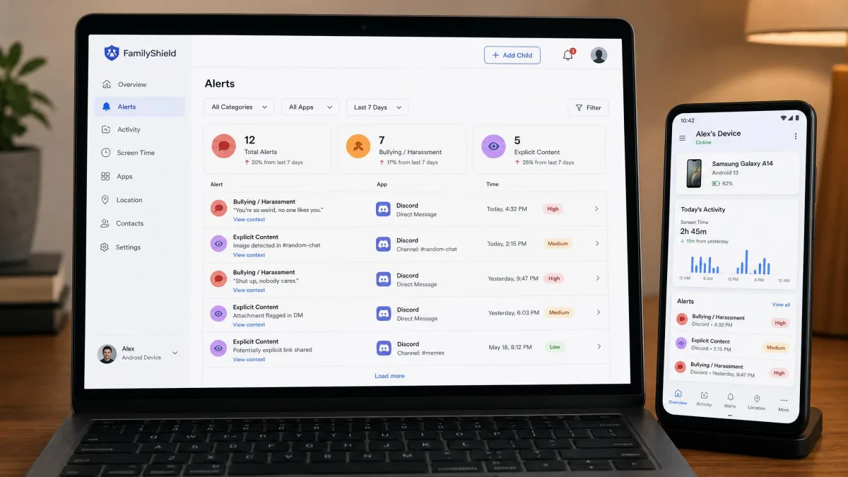 A parental control web dashboard on a laptop showing flagged Discord alerts from an Android phone, with alert categories for bullying and explicit content listed down the page.