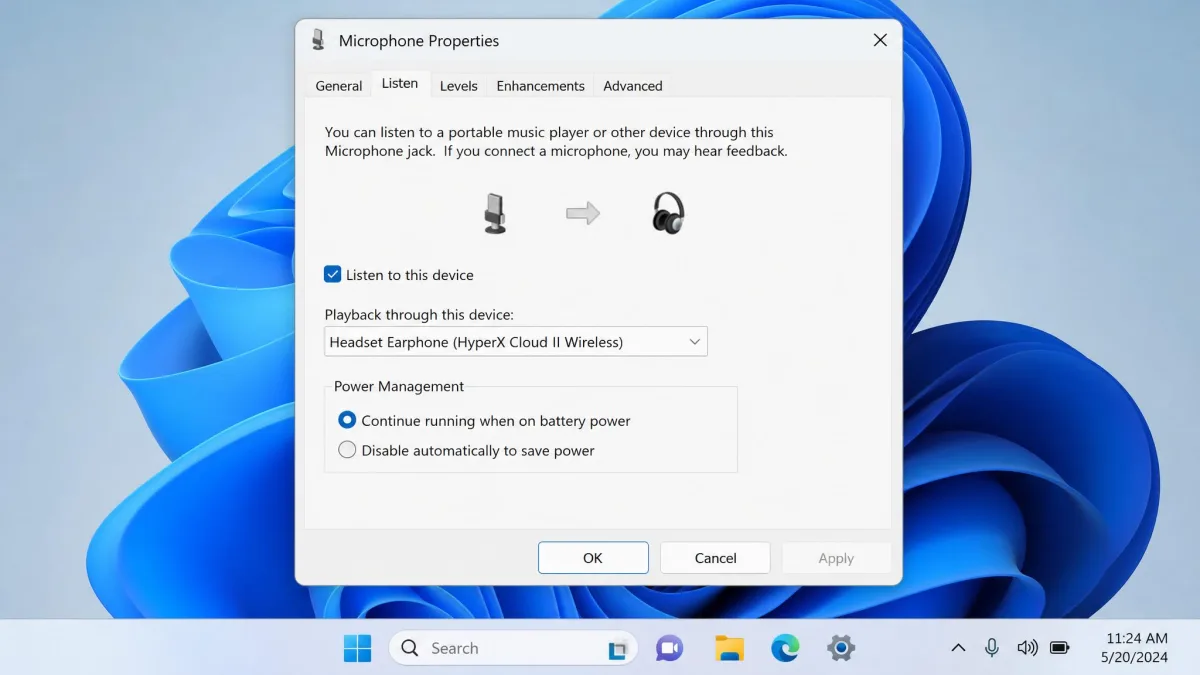 The Windows microphone Properties dialog open on the Listen tab, with the Listen to this device checkbox ticked and the playback device dropdown set to a gaming headset.