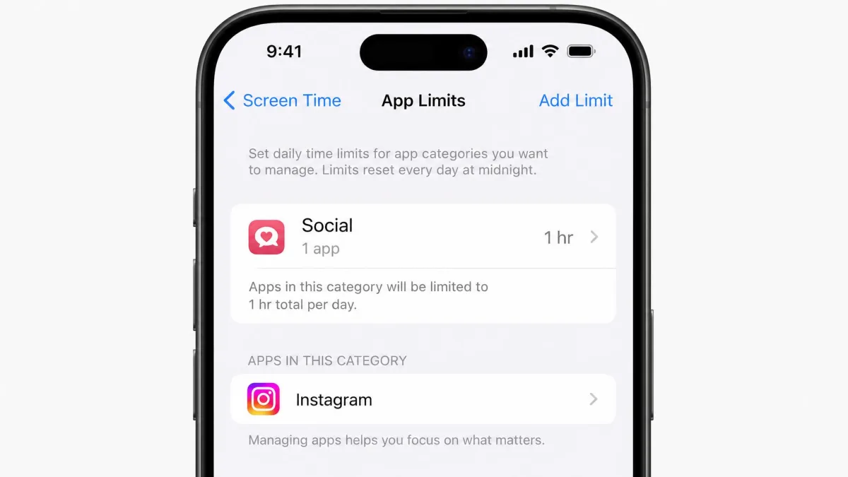 Apple Screen Time App Limits screen on an iPhone showing a one hour daily limit applied to the Social category with Instagram listed underneath.