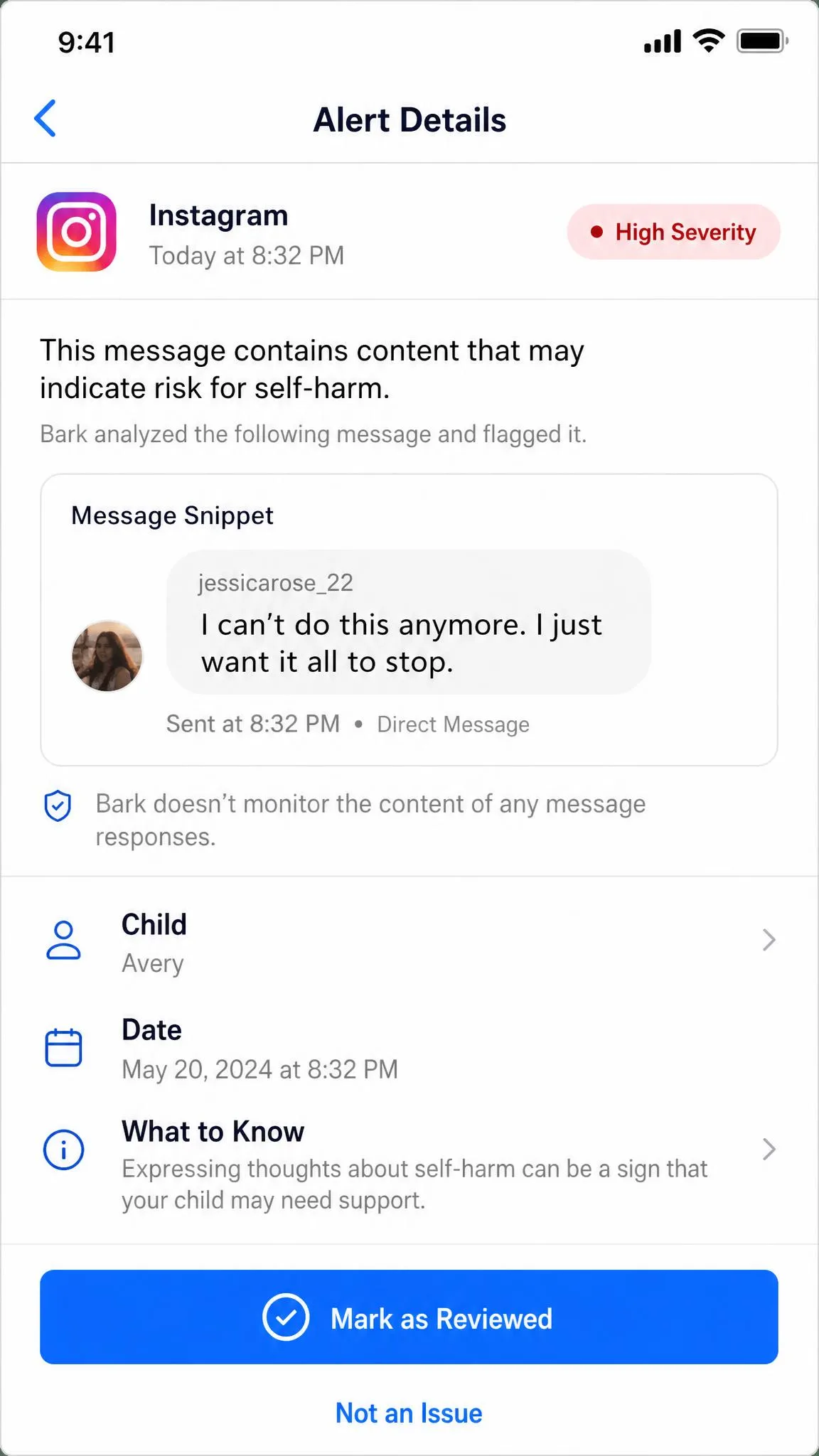 Bark parent app alert detail screen showing a flagged Instagram message snippet with a severity label and the option to mark the alert as reviewed.