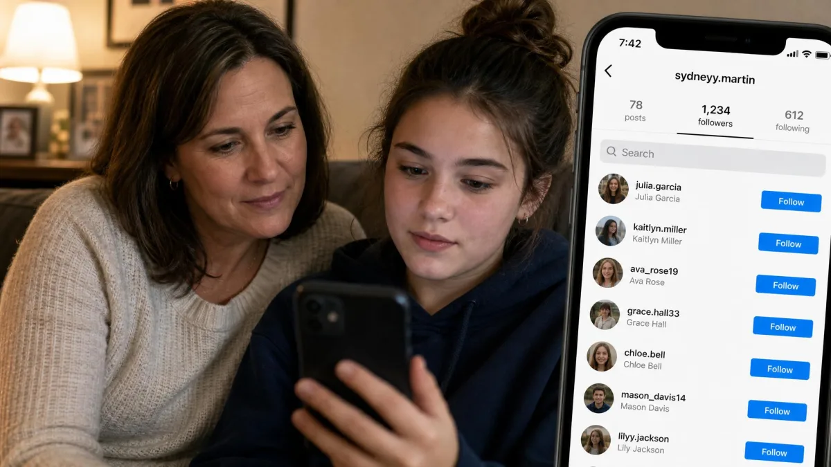 A parent and teenager sitting together scrolling an Instagram followers list on a phone, with the following count visible at the top of the profile.