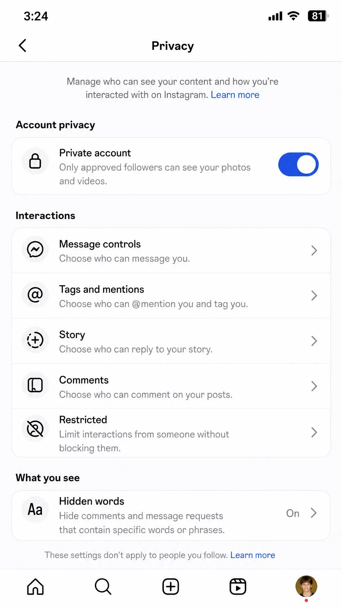 Instagram privacy settings screen with account privacy, message controls and hidden words toggles visible on a teen account.