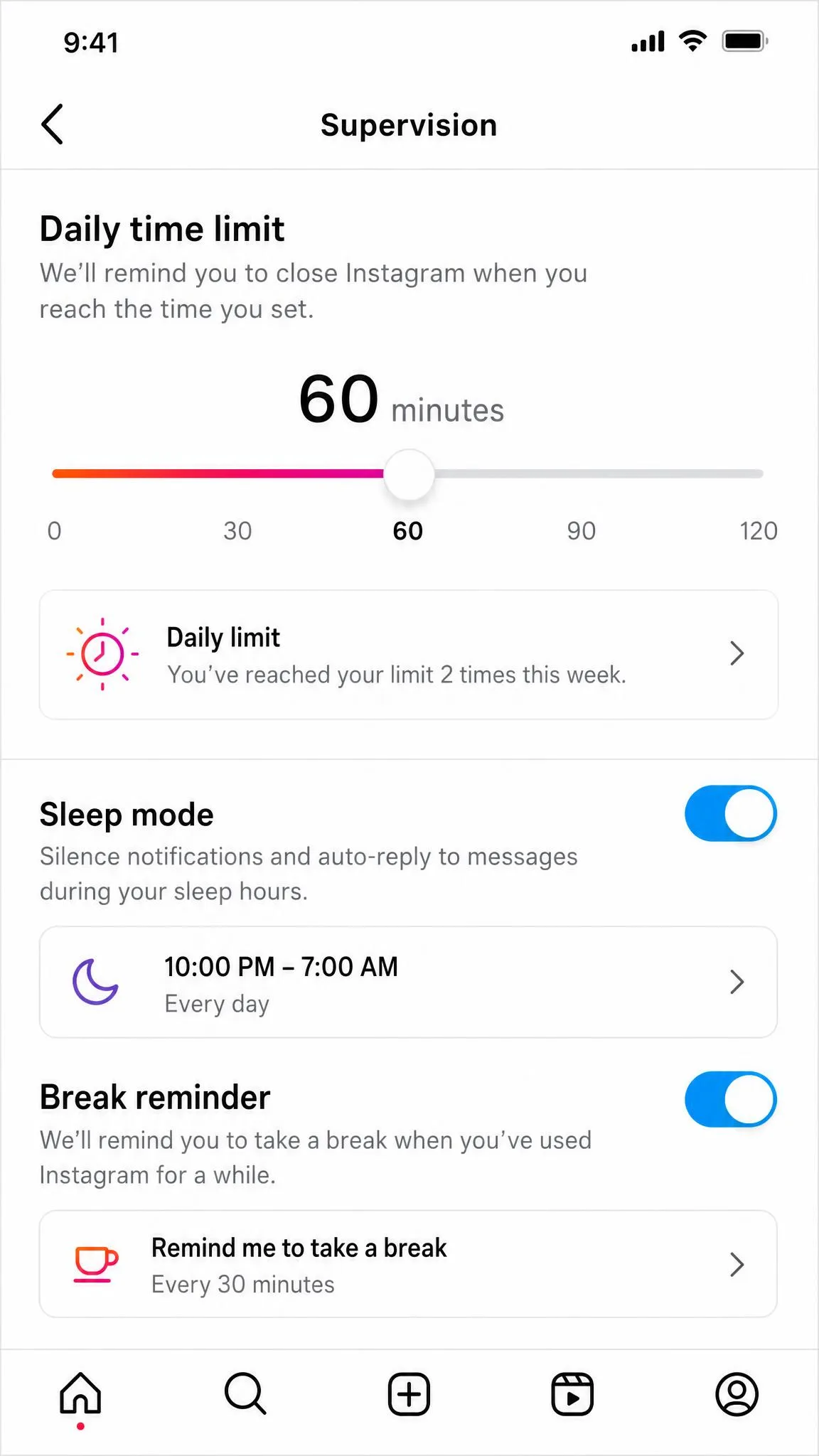 Instagram supervision settings screen showing a daily time limit slider set to 60 minutes alongside sleep mode and break reminder toggles.