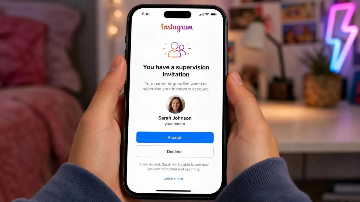 Instagram supervision invitation screen on a teen's phone, showing the parent's name and Accept and Decline buttons.