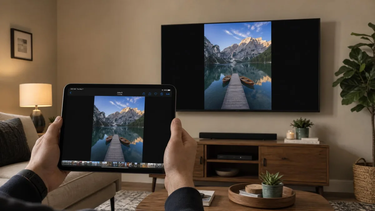 An iPad held in landscape orientation in a living room, mirroring a photo library to a wall-mounted TV showing the same image with black bars at each side.