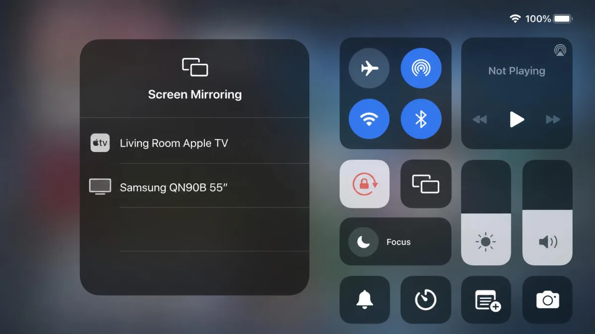 Close-up of an iPad Control Center with the Screen Mirroring panel open, listing an Apple TV and a Samsung smart TV as available AirPlay destinations.