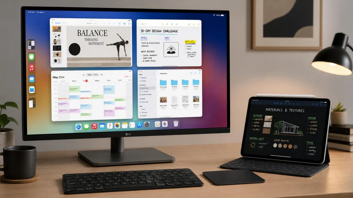 A 27-inch monitor showing four resized iPadOS app windows in Stage Manager, with the iPad propped beside it on a keyboard stand running a fifth app.