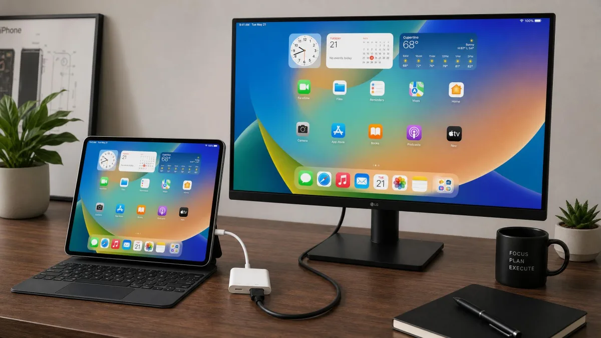 An iPad Pro on a desk with a white USB-C Digital AV Multiport Adapter plugged into its bottom port and an HDMI cable running to a 27-inch monitor showing the iPad home screen.