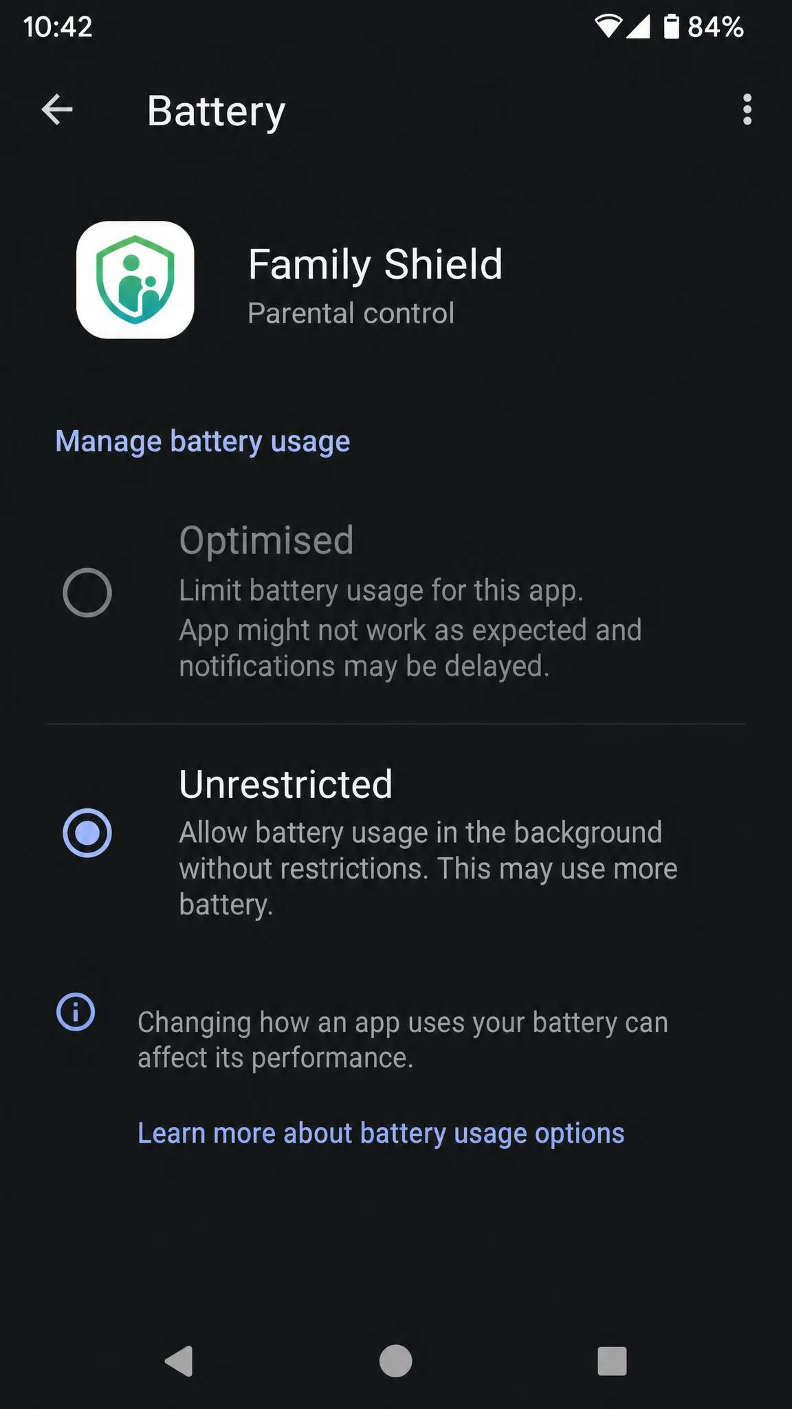 An Android app battery settings screen with the Unrestricted option selected for a parental control app, and the Optimised option shown greyed above it.