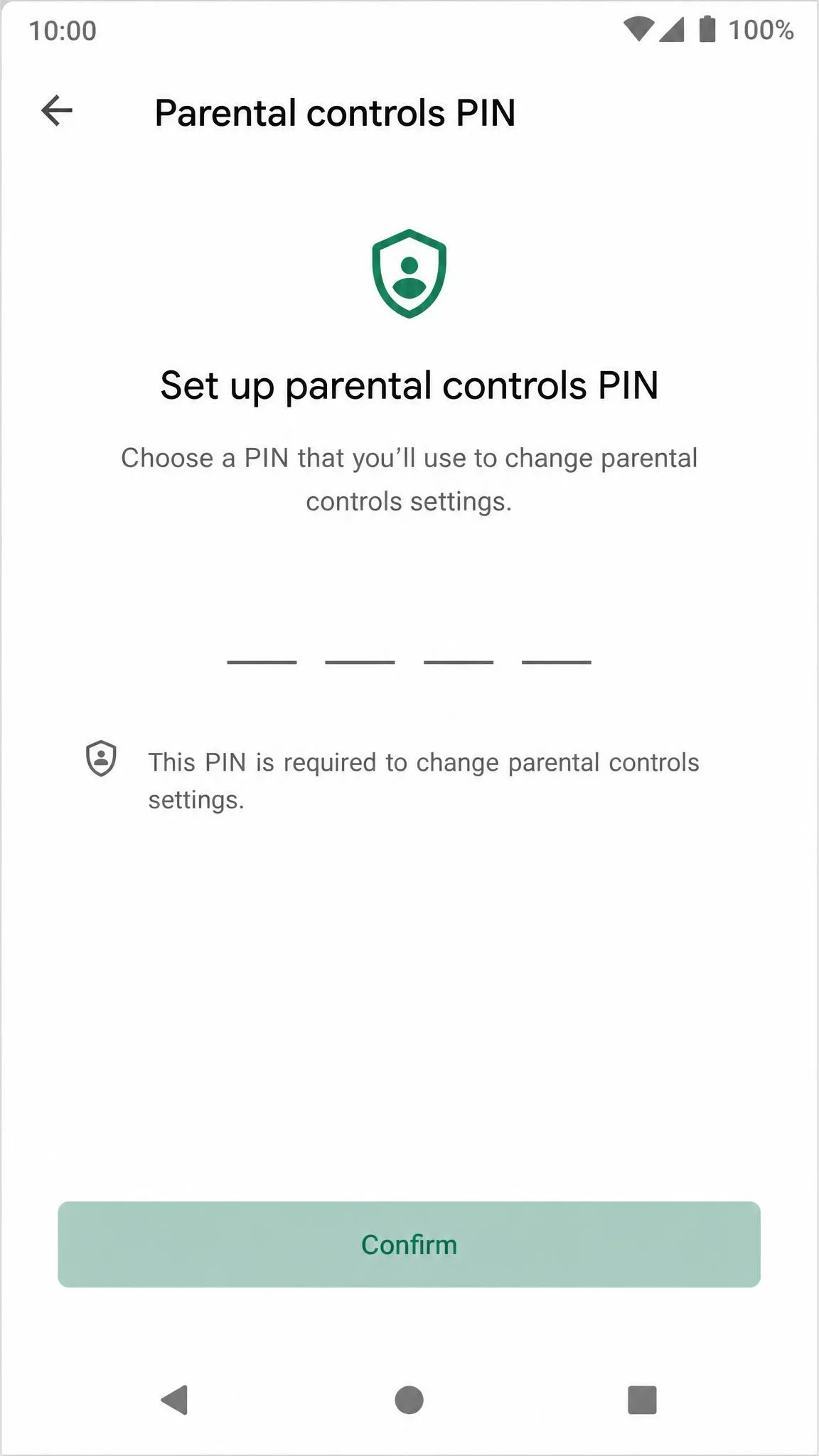 The Android parental controls PIN setup screen on a child's phone, showing an empty four-digit PIN entry field and the confirm button.