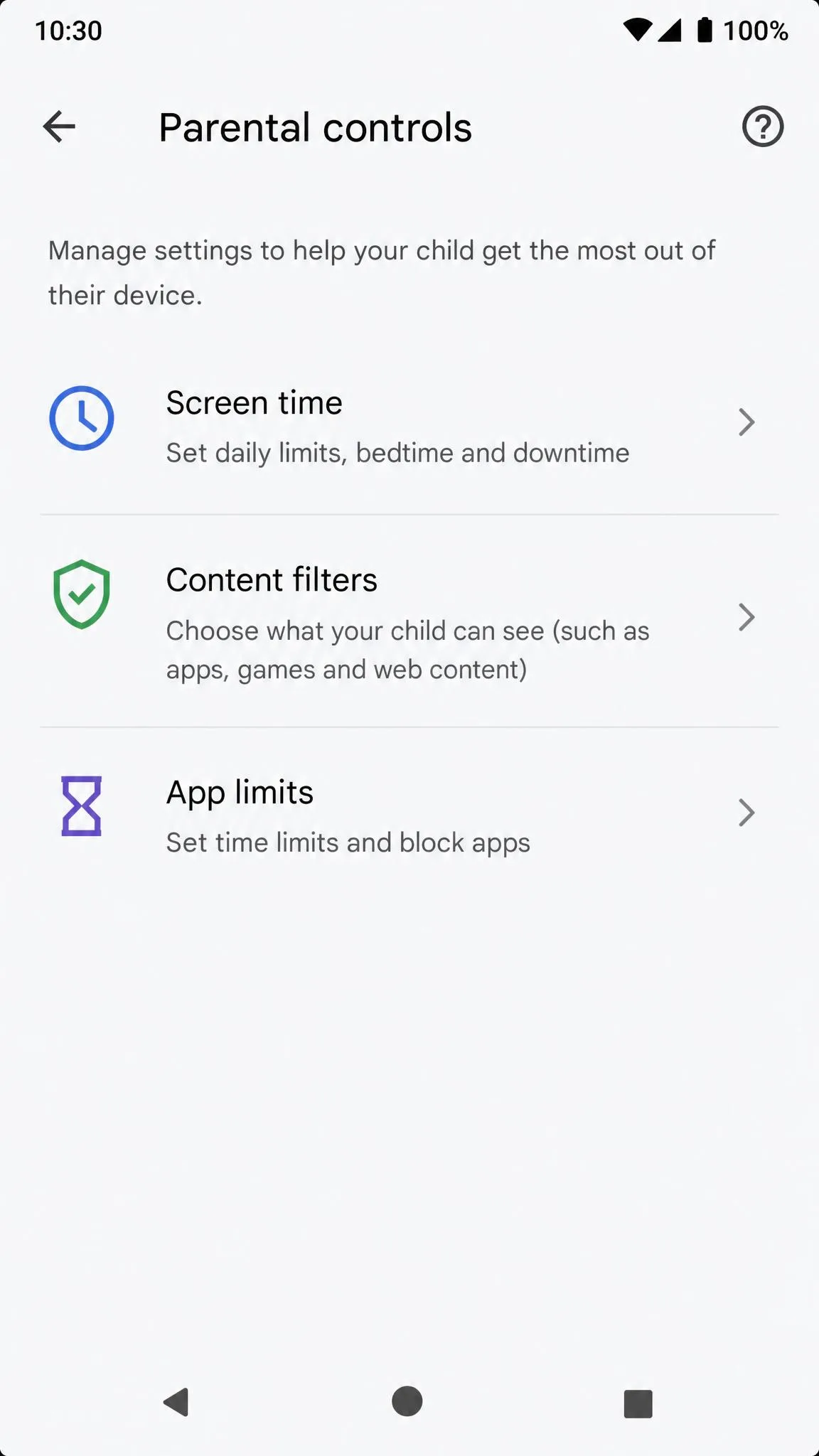 An Android Settings screen open on the Parental controls entry, with the screen time, content filters and app limits options listed underneath.