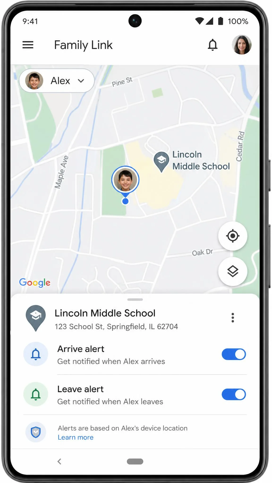 A Family Link map view on a parent's phone with a child's marker near a school pin, and arrive and leave alert toggles shown for the saved place.