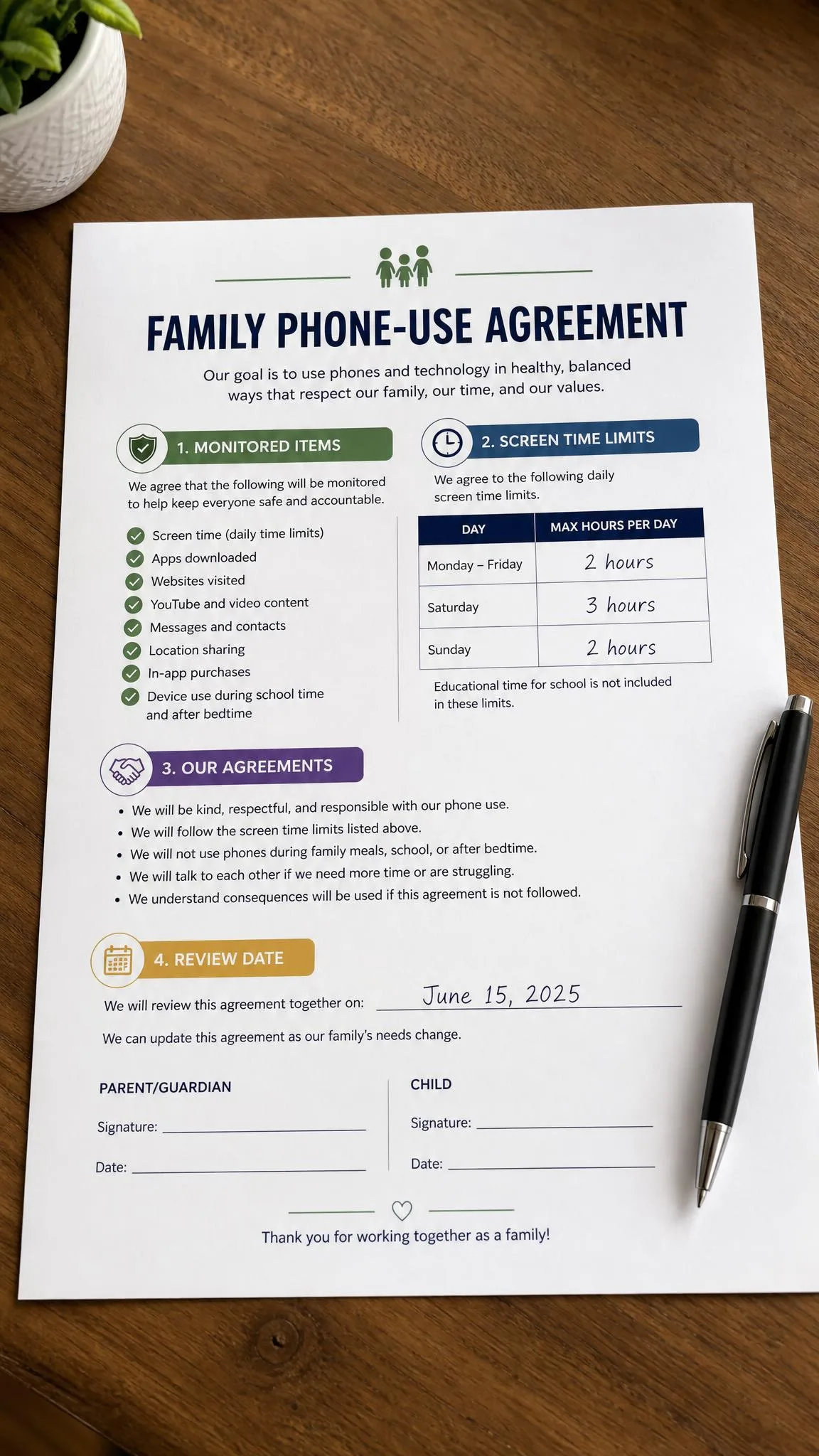 A printed family phone-use agreement on a table with a pen, listing monitored items, screen time hours and a review date line for a parent and child to sign.