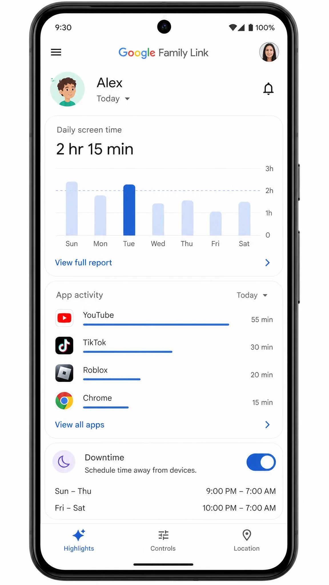 The Google Family Link parent dashboard on a phone, showing a child's daily screen time chart, a per-app usage list and a Downtime schedule toggle.