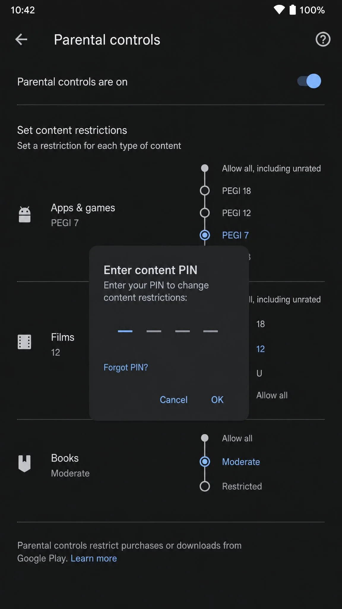 The Google Play Store parental controls screen showing content rating sliders for apps and games, films and books, with a PIN prompt overlay.