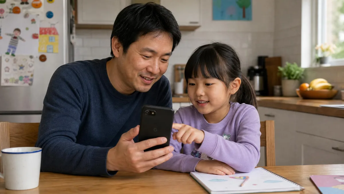 A parent and a primary-school-aged child sitting together at a kitchen table, setting up parental controls on an Android phone with the Settings menu visible.
