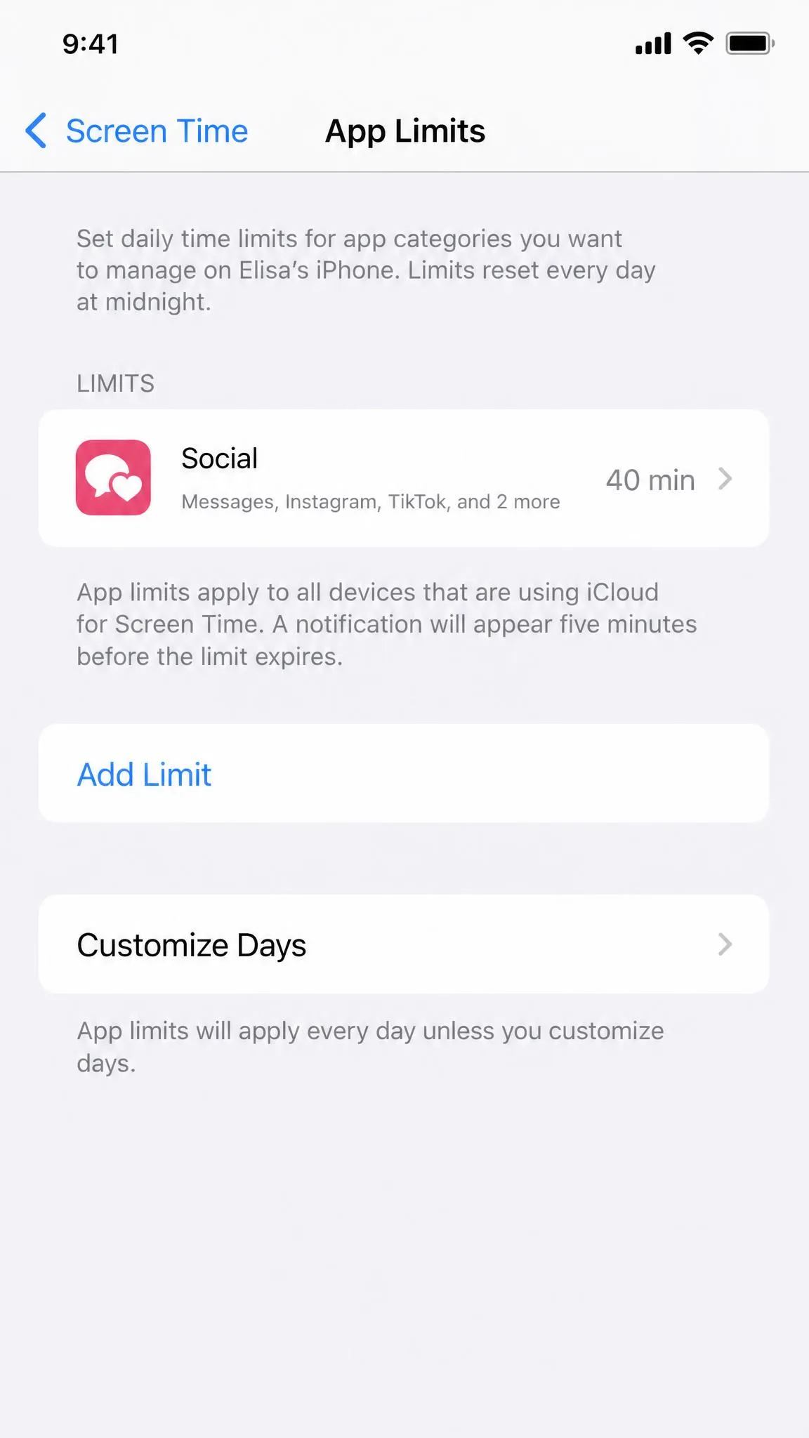 The iOS App Limits screen with a Social category limit set to 40 minutes and a Customize Days option below it.