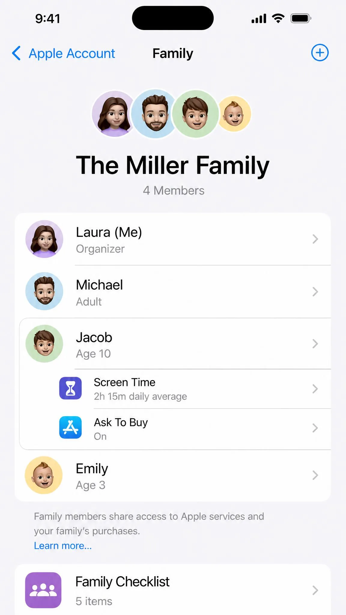 An iPhone Family Sharing screen listing a child's name with the Screen Time summary and Ask To Buy status visible beneath it.
