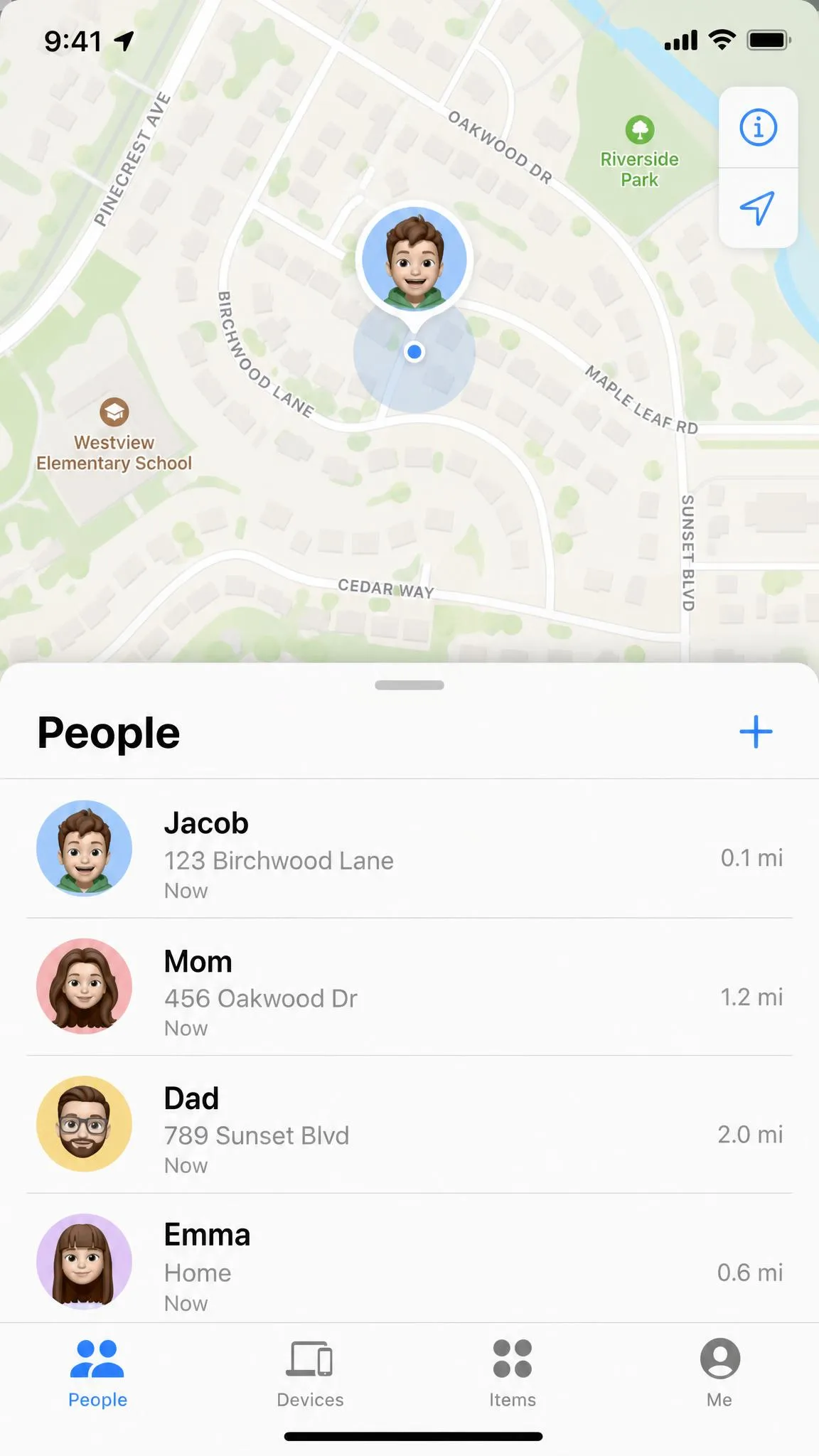 The Find My app showing a family list with a child's name and their current location pinned on a neighbourhood map.