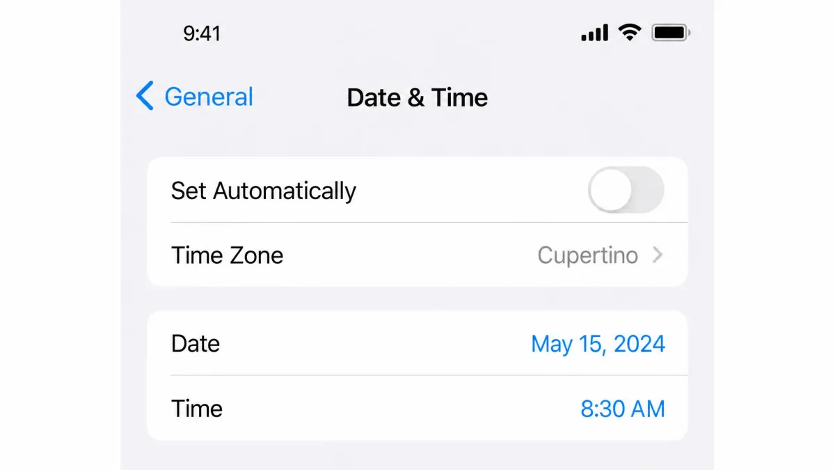 The iOS Settings General Date and Time screen with the Set Automatically toggle switched off and a manually changed date below it.