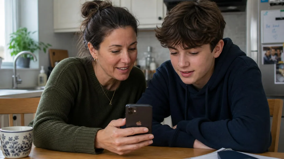A parent and a teenager sitting at a kitchen table looking at the Screen Time settings on an iPhone together.
