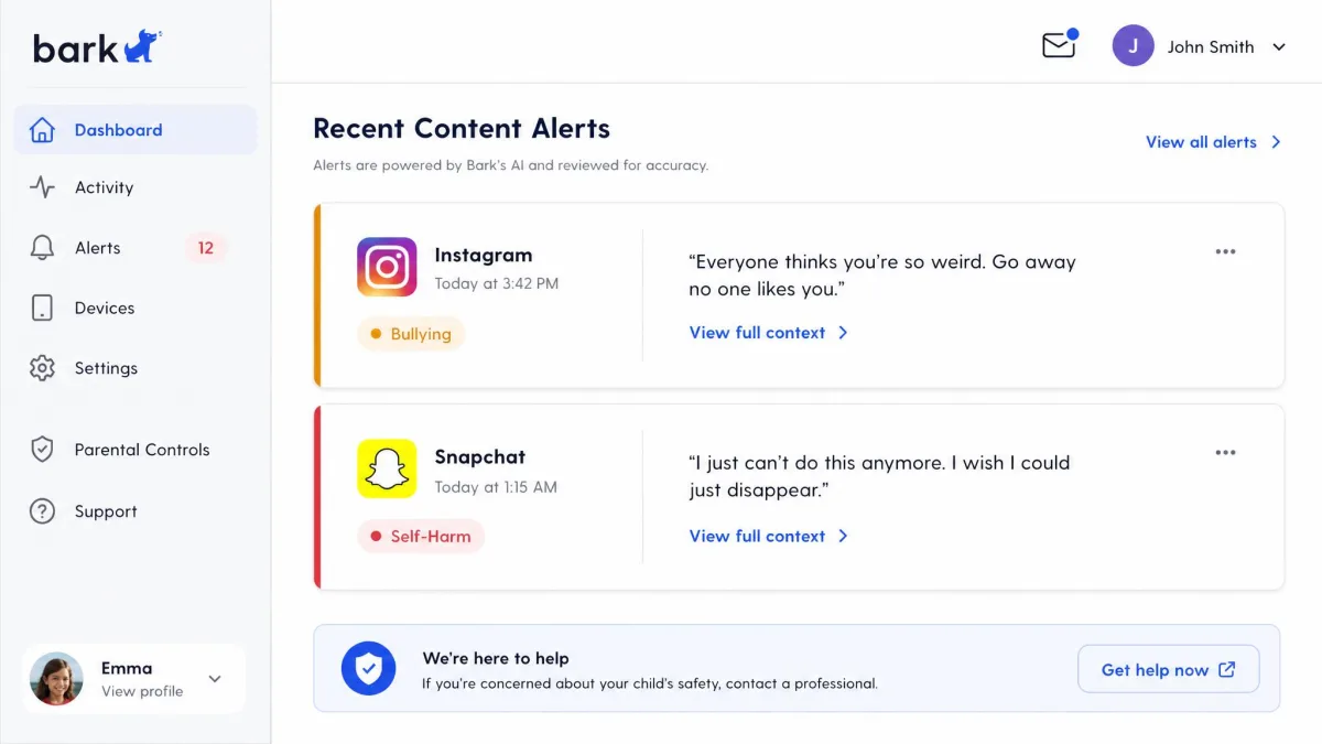 The Bark parent web dashboard listing recent content alerts flagged for bullying and self-harm, each showing the app name, time and a short excerpt.