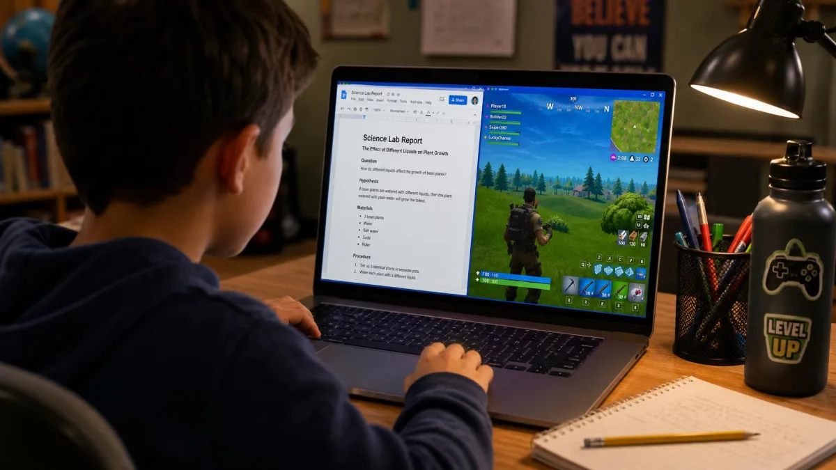 A child at a desk using a laptop with a schoolwork document and a game window open side by side, illustrating the mix of activity a monitoring report has to separate.
