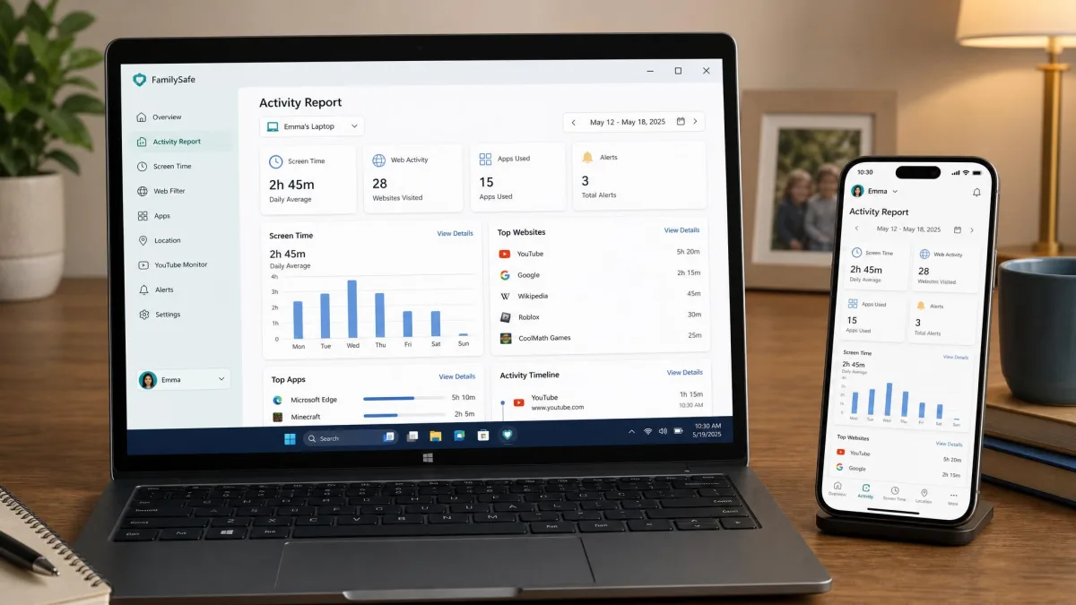 A Windows laptop on a desk showing a parental control app's activity report, with a phone beside it displaying the same report in the parent app.