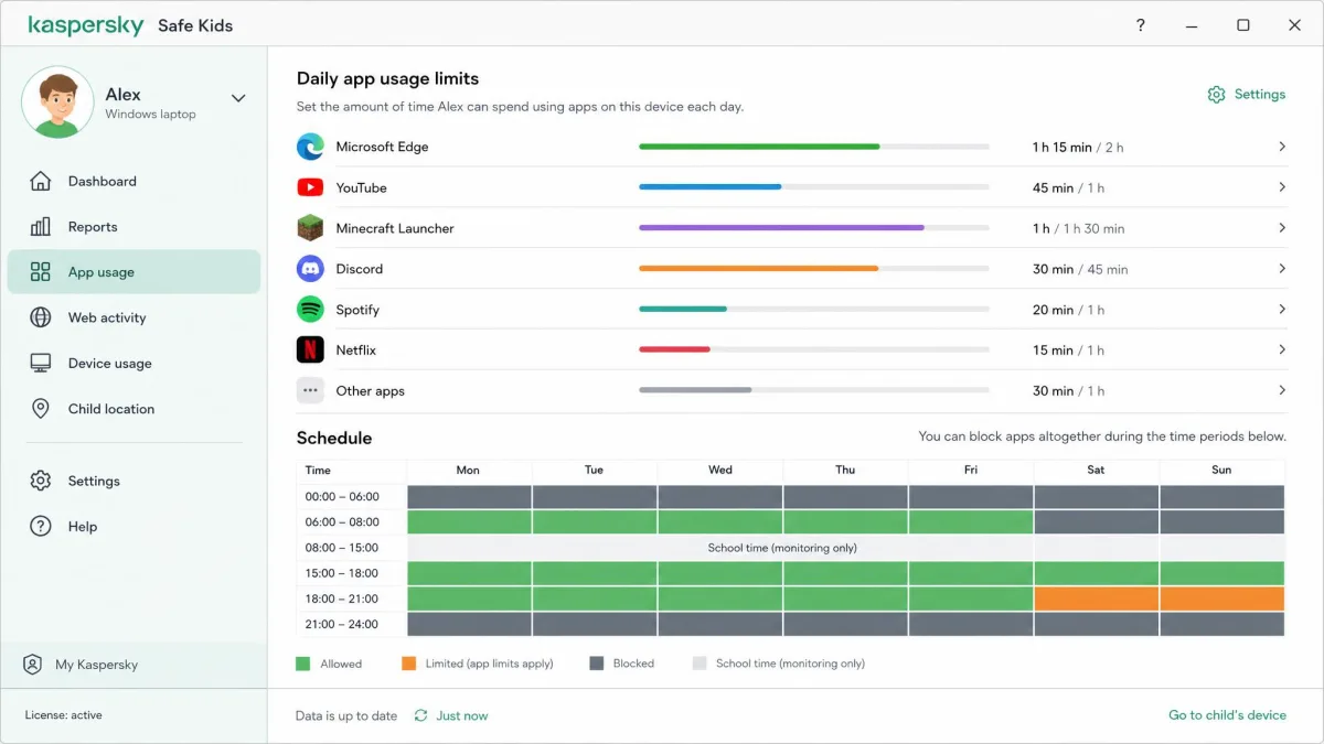 The Kaspersky Safe Kids parent console showing daily app usage limits for a Windows laptop, with a coloured bar for each app and a schedule grid below.