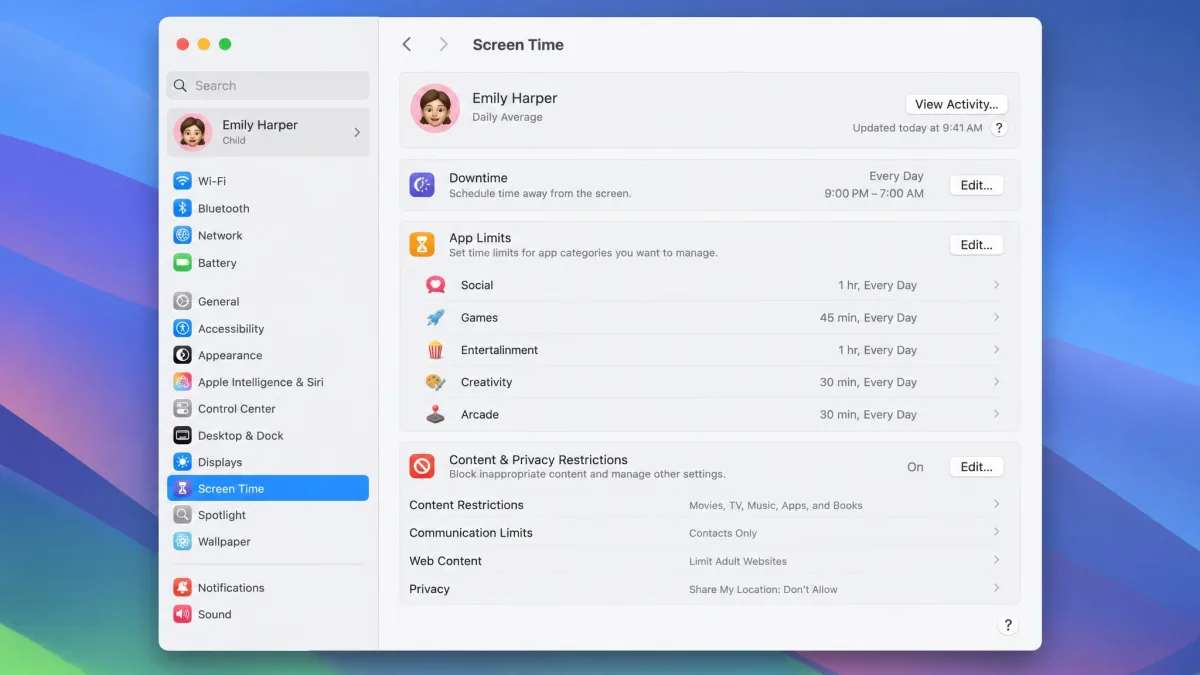 The macOS System Settings window open on Screen Time for a child account, showing Downtime hours, App Limits by category and Content and Privacy Restrictions.