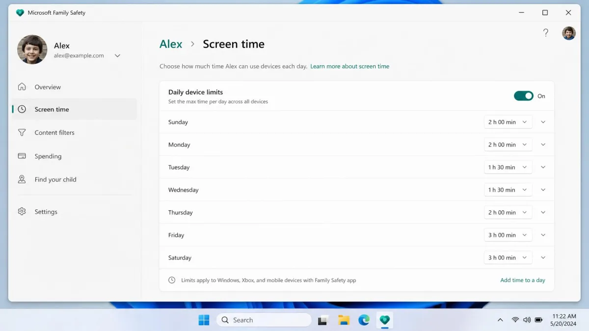 The Microsoft Family Safety screen time settings page on Windows 11, showing daily device limits set per day of the week with a child account name at the top.